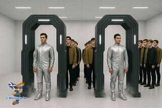 01 Young men are changed out of their street clothese into their space suits by an advanced machine