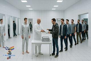 04 they are taken to a changing room to strip off their street clothes and change into foil coveralls